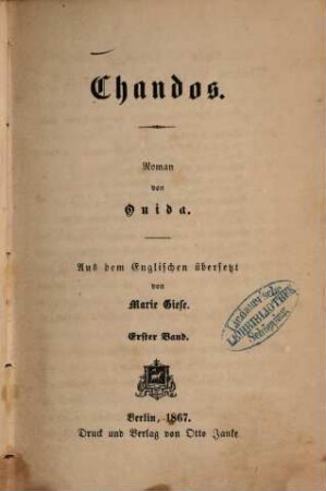Chandos : Roman von Ouida. Aus dem Englischen übersetzt von Marie Giese, 1 = 43