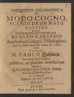 Disquisitio Philosophica De Modo Cognoscendi Deum Naturaliter