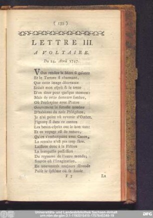 Lettre III. A Voltaire. Du 24. Avril 1747.