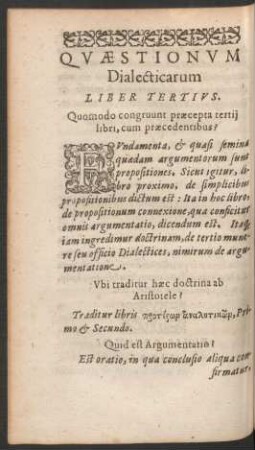 Quaestionum Dialecticarum Liber Tertius.