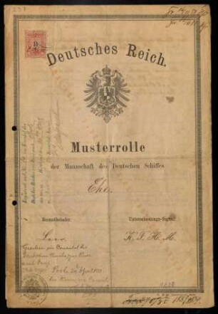 Musterrolle der Mannschaft des Deutschen Schiffes "Ehe", 1880