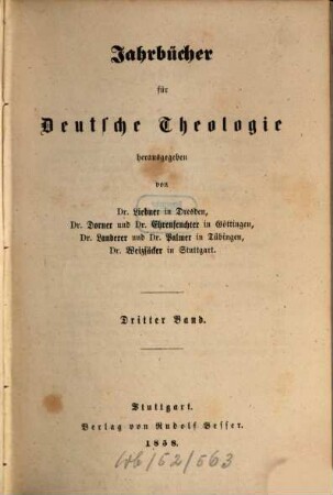 Jahrbücher für deutsche Theologie, 3. 1858