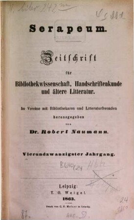 Serapeum : Zeitschrift für Bibliothekwissenschaft, Handschriftenkunde und ältere Literatur, 24. 1863
