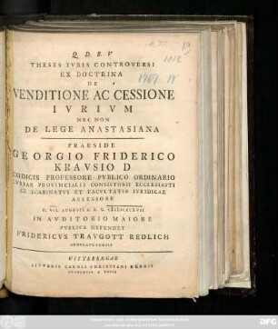 Theses Ivris Controversi Ex Doctrina De Venditione Ac Cessione Ivrivm Nec Non De Lege Anastasiana