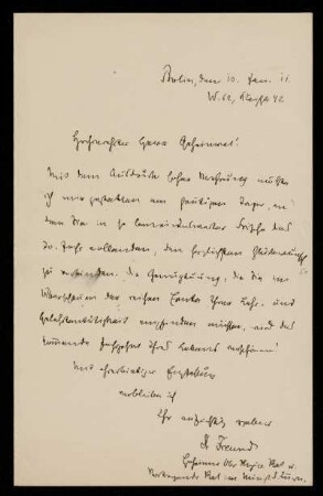 Brief von Friedrich Freund an Otto von Gierke, Berlin, 10.1.1911