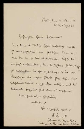 Brief von Friedrich Freund an Otto von Gierke, Berlin, 10.1.1911