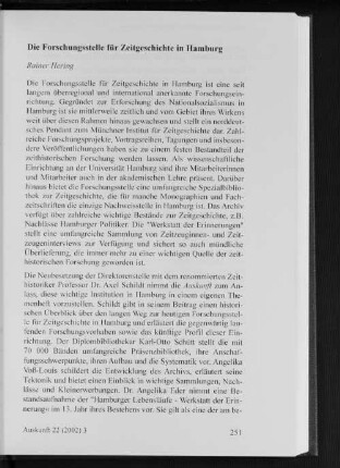 Themenheft Die Forschungsstelle für Zeitgeschichte in Hamburg : Heft 3