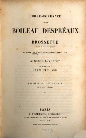 Correspondance entre Boileau Despréaux et Brossette