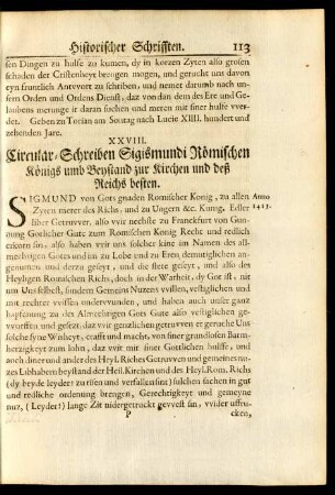 XXVIII. Circular-Schreiben Sigismundi Römischen Königs umb Beystand zur Kirchen und des Reichs besten