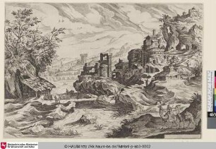 [Küstenlandschaft mit Ruinenstadt auf einem Felsen, im Vordergrund rechts ein Reiter mit zwei Dromedaren]