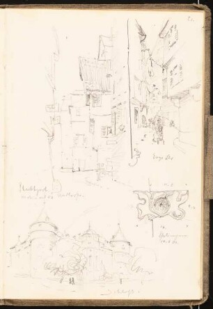 Skizzenbuch 1901: Nadlerstraße, Enge Straße, Schloss in Stuttgart, perspektivische Ansichten, Baudetail aus Esslingen