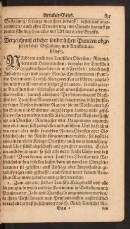 Verzeichnuß etlicher sonderlichen Puncten obgeschriebener Bestallung und Artickuln anhängig.