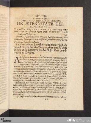 Disputatio Theologiae Biblicae, De Aeternitate Dei.