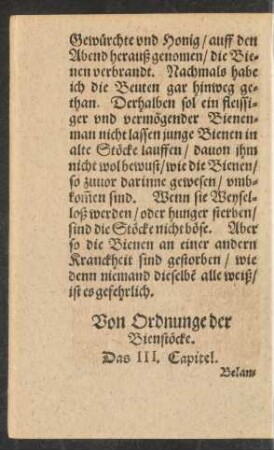Von Ordnunge der Bienstöcke. Das III. Capitel.