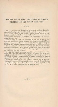 Wet van 9 julij 1856, inhoudende defenitieve regeling van het budget over 1833