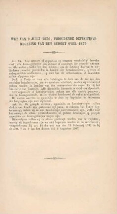 Wet van 9 julij 1856, inhoudende defenitieve regeling van het budget over 1833