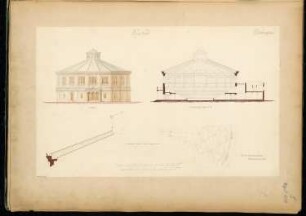 Zirkus Monatskonkurrenz April 1854: Teilgrundriss Dachträger, Aufriss Vorderansicht, Querschnitt, Längsschnitt Dachträger; 2 Maßstabsleisten