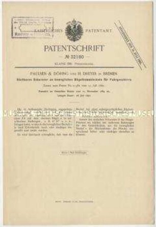 Patentschrift eines stellbaren Scharniers an beweglichen Bügelkammdeckeln für Fahrgestelle, Patent-Nr. 32180