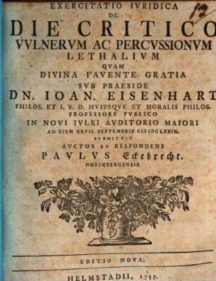 Exercitatio Ivridica De Die Critico Vvlnervm Ac Percvssionvm Lethalivm