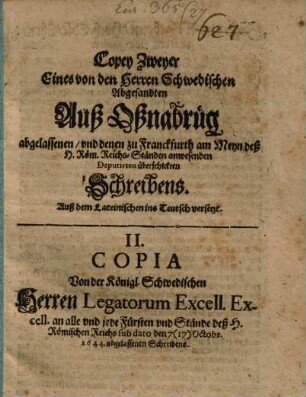 Copia eines von den ... Schwedischen Abgeordneten aus Oßnabrüg abgelassenen Schreibens