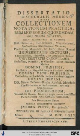 Dissertatio Inauguralis Medica Sistens Collectionem Notationum Practicarum Morborum Quorundam Secundum Aetates