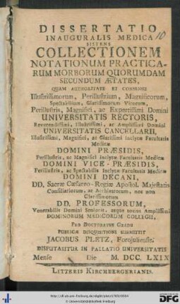 Dissertatio Inauguralis Medica Sistens Collectionem Notationum Practicarum Morborum Quorundam Secundum Aetates