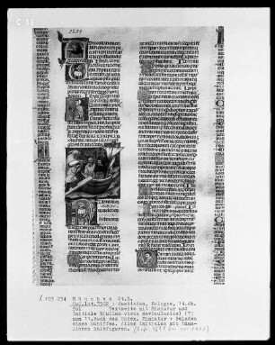 Justinian, Institutiones 1 - 4 — Buchseite mit Miniatur und historisierten Initialen