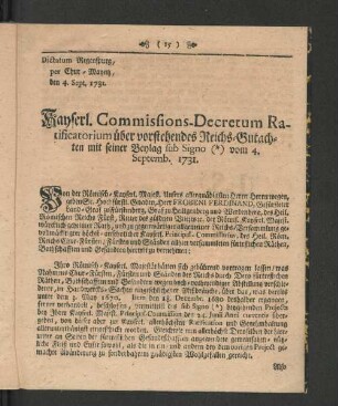Kayserl. Commissions-Decretum Ratificatorium ...