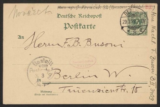 Postkarte an Ferruccio Busoni, 29.09.1899
