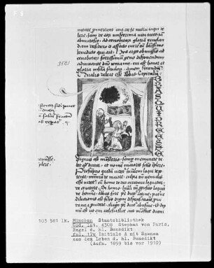Stephan von Paris, Auslegung der Regel des heiligen Benedikt — Initiale A (bbas), darin Benedikt betet um Reparatur des Gefäßes, Folio 17verso?