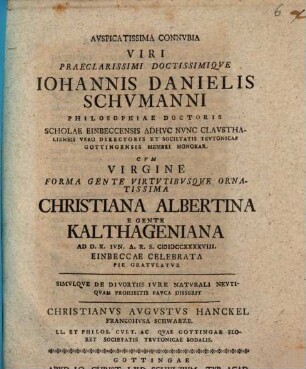 Simvlqve De Divortiis Ivre Natvrali Nevtiquam Prohibitis Pavca Disserit Christianvs Avgvstvs Hanckel, Francohvsa Schwarzb. ...