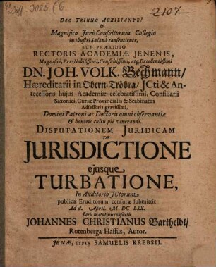 Disp. ... de iurisdictione eiusque turbatione