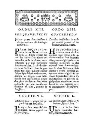 Ordre XIII. Les Quadrupedes qui ont quatre dents incisives à chaque mâchoire, & les doigts onguiculés. - Ordo XII. Quadrupeda Dentibus incisoribus in utrâque maxillâ quatuor, & digitis unguiculatis donata
