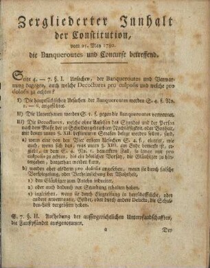 Zergliederter Innhalt der Constitution, vom 25. May 1780. die Banqueroutes und Concurse betreffend.