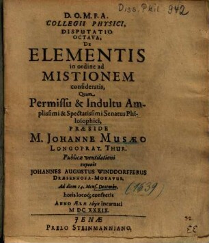 Collegii Physici, Disputatio Octava, De Elementis in ordine ad Mistionem consideratis