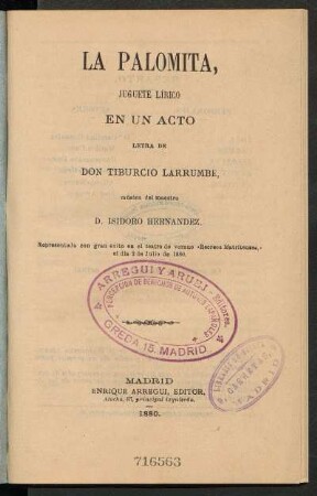 La palomita : juguete lírico en un acto