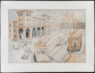Farbradierung des Künstlers Erhard Groß, Titel: Portikus Görlitzer Bahnhof, Ed. 3/30, 1991