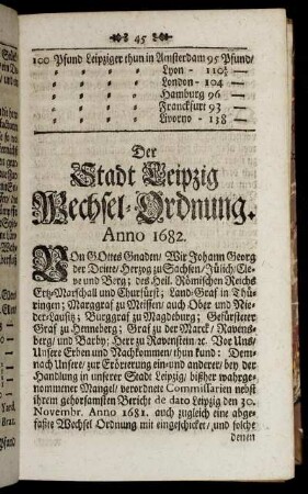 Der Stadt Leipzig Wechsel- Ordnung.