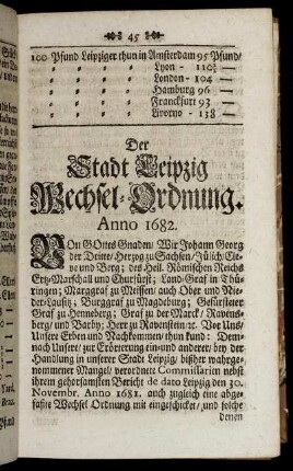 Der Stadt Leipzig Wechsel- Ordnung.