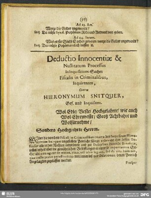 Duductio Innocentiae & Nullitatum Processus In Inquisitions-Sachen Fiscalis in Criminalibus, Inquirenten, Contra Hieronymum Snitquer, Gef. und Inquisten.