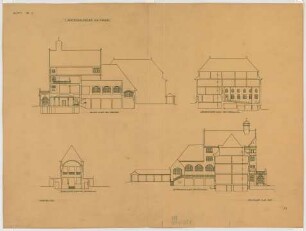 Fischer, Theodor; Kassel; Museum (jetzt: Hessisches Landesmuseum) - Mittelbau (Schnitt); Vortragssaal (Längsschnitt); Antikensaal u. Hauptbau (Querschnitte)