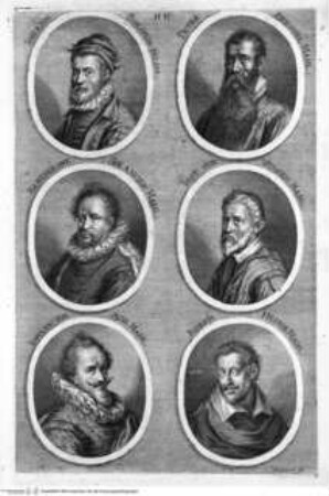 L'Academia Todesca della Architettura, Scultura e pittura: Oder Teutsche Academie der Edlen Bau- Bild- und Mahlerey-Künste:..., 2. Teil, 3. Buch, 13. Kapitel, Tafel HH: Iohann Bolonie Bildh., Peter Breugel Mahl, Bartholome Spranger Mahl, Iost von Wingen Mahl, Iohann von Ach Mahl, Ioseph Heinz Mahl