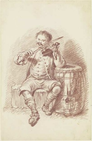 Violinenspieler bei einem Faß sitzend