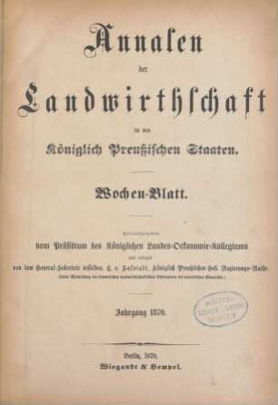 10.1870: Annalen der Landwirthschaft in den Königlich Preußischen Staaten / Wochenblatt