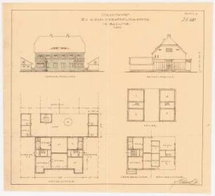 Wohnhaus für vier Familien, Beelitz: Grundriss 1:200: Keller, Erdgeschoss, Obergeschoss, Dachgeschoss; Aufriss 1:200: Vorderansicht, Seitenansicht