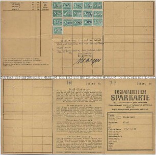 Sparkarte für Zwangsarbeiter aus der Ukraine mit Auszahlungsvermerk (mehrsprachig)