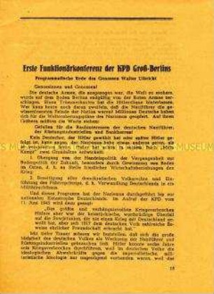 Flugschrift mit dem Text der Rede von Walter Ulbricht auf der 1. Funktionärkonferenz der KPD Groß-Berlins