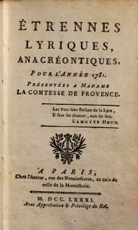 Étrennes lyriques, anacréontiques, pour l'année ..., 1781
