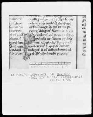 Ambrosius und andere — Initiale P(oposcisti), Folio 22verso