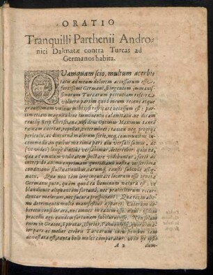 Oratio Tranquilli Parthenii Andronici Dalmatae contra Turcas ad Germanos habita.